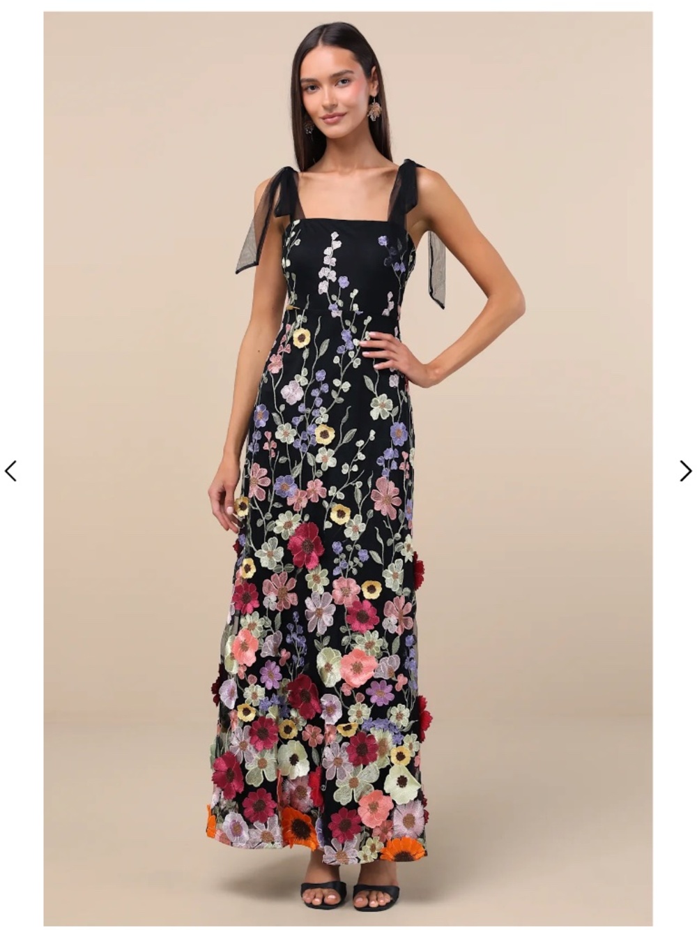 Thriving Poise Black 3D Floral Embroidered Tie-Strap Maxi Dress Size S